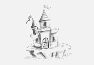 Hand drawn cartoon castle in an island