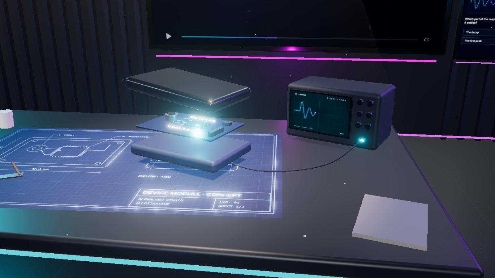 Close-up of the explanation table: the module lifts from the blueprint into a cutaway and the instrument shows a decaying response.