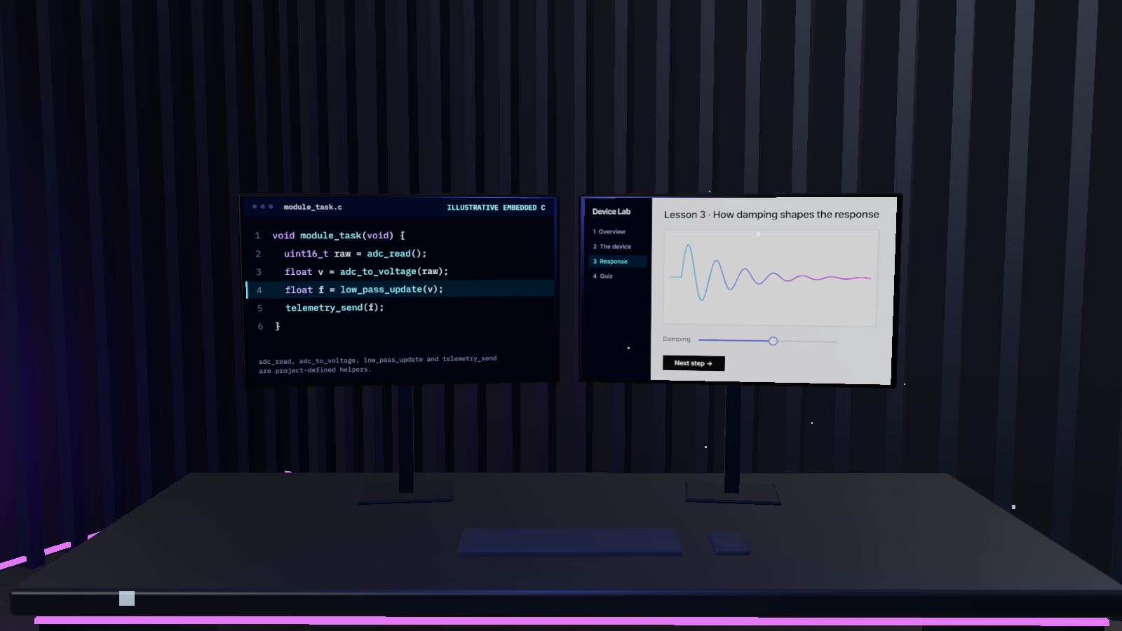 The development workstation: illustrative embedded C on one screen, an interactive lesson on the other.
